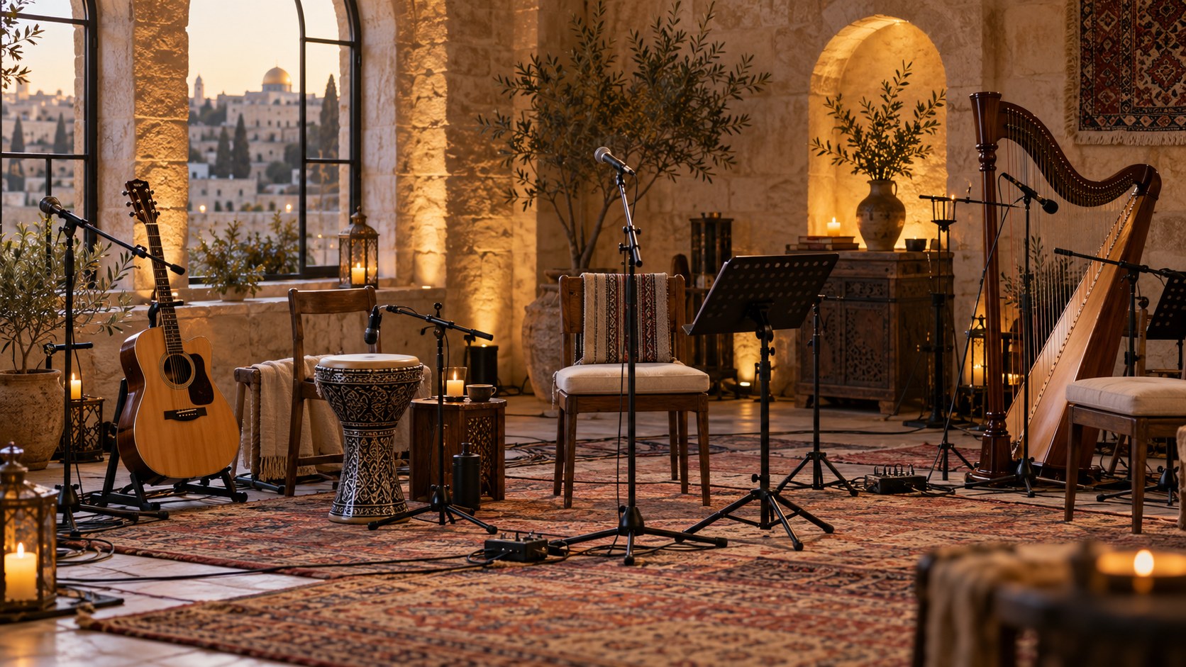 A warmly lit gathering room set up with instruments for worship
