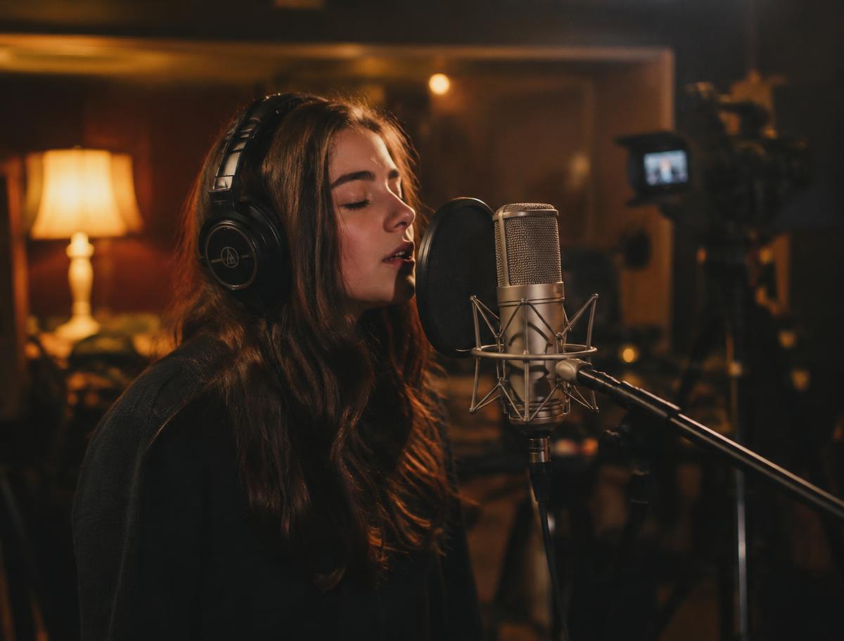 A singer recording at a studio microphone